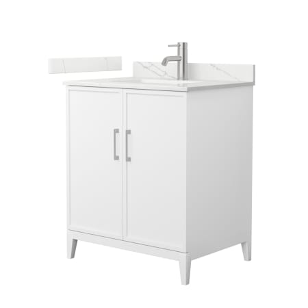 A large image of the Wyndham Collection WCH717130S-QTZ-UNSMXX White / Giotto Quartz Top / Brushed Nickel Hardware