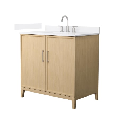 A large image of the Wyndham Collection WCH717136S-QTZ-US3MXX White Oak / White Quartz Top / Brushed Nickel Hardware