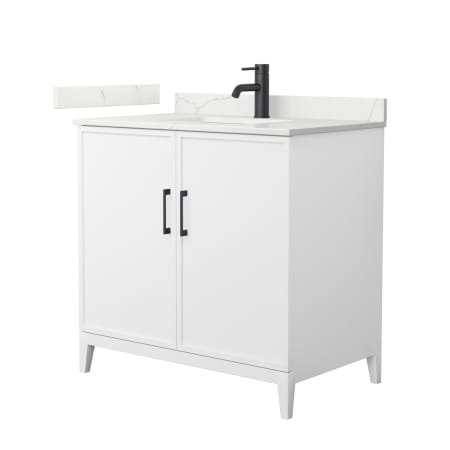 A large image of the Wyndham Collection WCH717136S-QTZ-UNSMXX White / Giotto Quartz Top / Matte Black Hardware