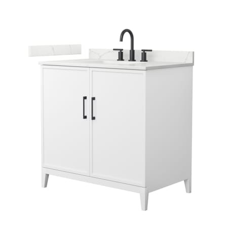 A large image of the Wyndham Collection WCH717136S-QTZ-US3MXX White / Giotto Quartz Top / Matte Black Hardware