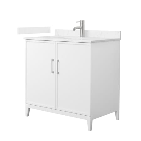 A large image of the Wyndham Collection WCH717136S-VCA-UNSMXX White / Carrara Cultured Marble Top / Brushed Nickel Hardware