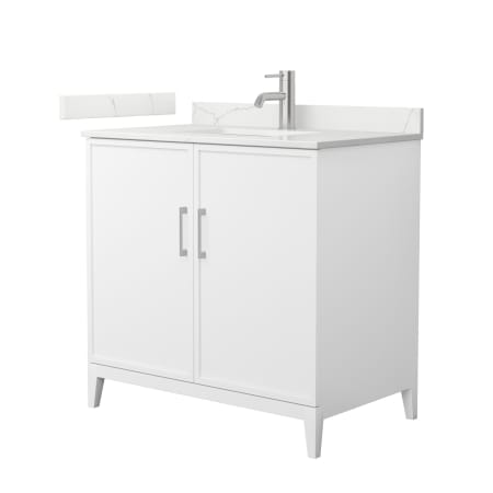 A large image of the Wyndham Collection WCH717136S-QTZ-UNSMXX White / Giotto Quartz Top / Brushed Nickel Hardware