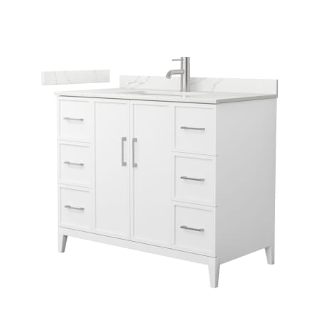 A large image of the Wyndham Collection WCH717142S-QTZ-UNSMXX White / Giotto Quartz Top / Brushed Nickel Hardware