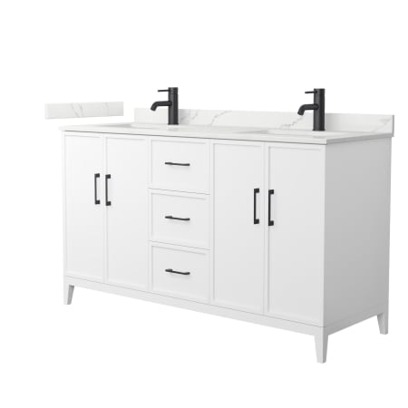 A large image of the Wyndham Collection WCH717160D-QTZ-UNSMXX White / Giotto Quartz Top / Matte Black Hardware