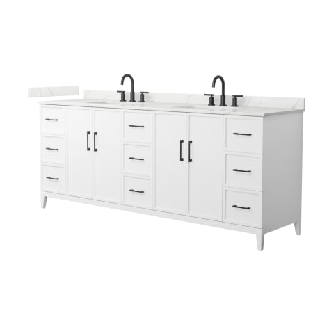 A large image of the Wyndham Collection WCH717184D-QTZ-US3MXX White / Giotto Quartz Top / Matte Black Hardware