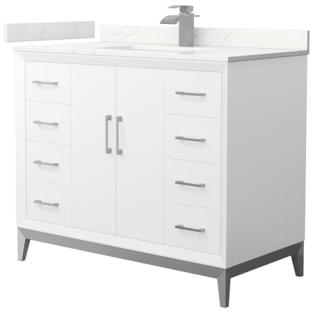 A large image of the Wyndham Collection WCH818142S-QTZ-UNSMXX White / Giotto Quartz Top / Brushed Nickel Hardware
