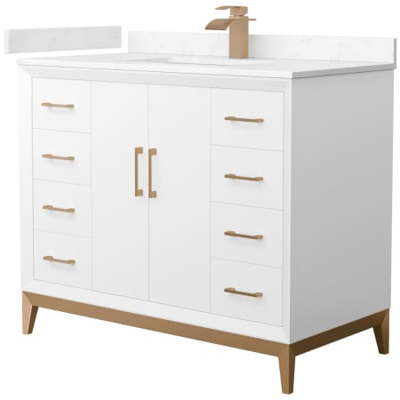 A large image of the Wyndham Collection WCH818142S-VCA-UNSMXX White / Carrara Cultured Marble Top / Satin Bronze Hardware