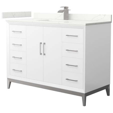 A large image of the Wyndham Collection WCH818148S-QTZ-UNSMXX White / Giotto Quartz Top / Brushed Nickel Hardware