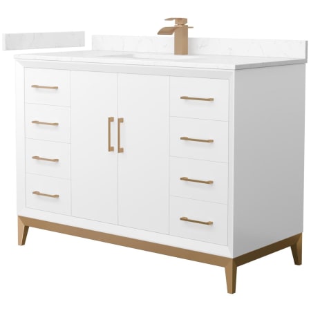 A large image of the Wyndham Collection WCH818148S-VCA-UNSMXX White / Carrara Cultured Marble Top / Satin Bronze Hardware