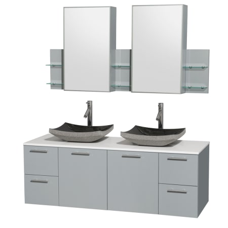 A large image of the Wyndham Collection WCR410060DDGWSMED White Stone Top / Altair Black Granite Sink