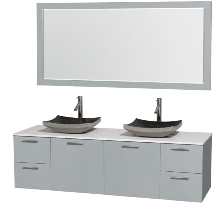 A large image of the Wyndham Collection WCR410072DDGWSM70 White Stone Top / Altair Black Granite Sink
