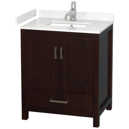 A large image of the Wyndham Collection WCS141430S-VCA-MXX Espresso / Carrara Cultured Marble Top / Brushed Chrome Hardware