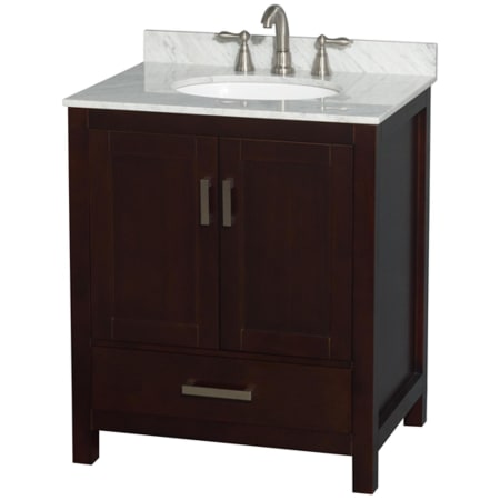 A large image of the Wyndham Collection WCS141430SUNOMXX Espresso / White Carrara Marble Top