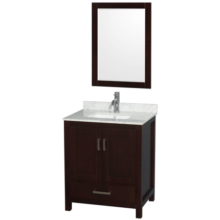 A large image of the Wyndham Collection WCS141430SUNSM24 Espresso / White Carrara Marble Top / Brushed Chrome Hardware