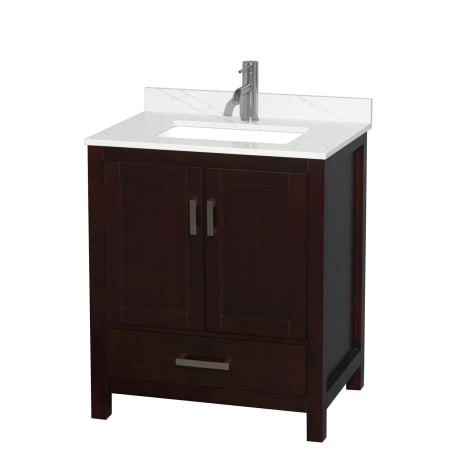 A large image of the Wyndham Collection WCS141430S-QTZ-UNSMXX Espresso / Giotto Quartz Top / Brushed Chrome Hardware