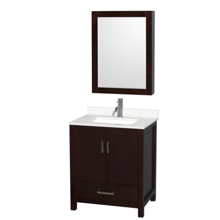 A large image of the Wyndham Collection WCS141430S-QTZ-UNSMED Espresso / White Quartz Top / Brushed Chrome Hardware