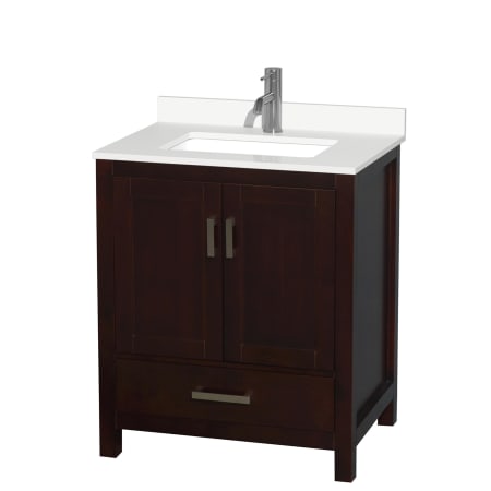 A large image of the Wyndham Collection WCS141430S-QTZ-UNSMXX Espresso / White Quartz Top / Brushed Chrome Hardware