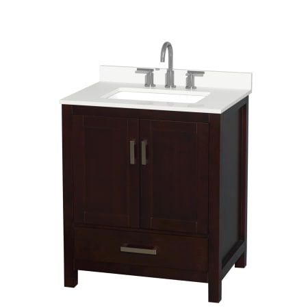 A large image of the Wyndham Collection WCS141430S-QTZ-US3MXX Espresso / White Quartz Top / Brushed Chrome Hardware