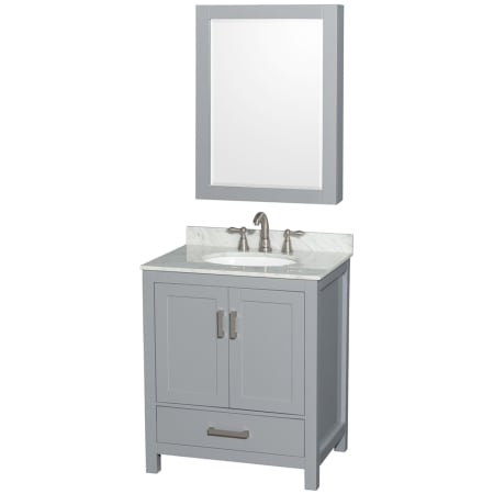 A large image of the Wyndham Collection WCS141430SUNOMED Gray / White Carrara Marble Top / Brushed Chrome Hardware