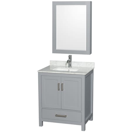 A large image of the Wyndham Collection WCS141430SUNSMED Gray / White Carrara Marble Top / Brushed Chrome Hardware