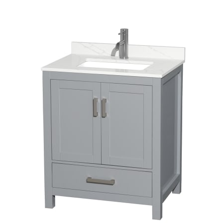 A large image of the Wyndham Collection WCS141430S-QTZ-UNSMXX Gray / Giotto Quartz Top / Brushed Chrome Hardware