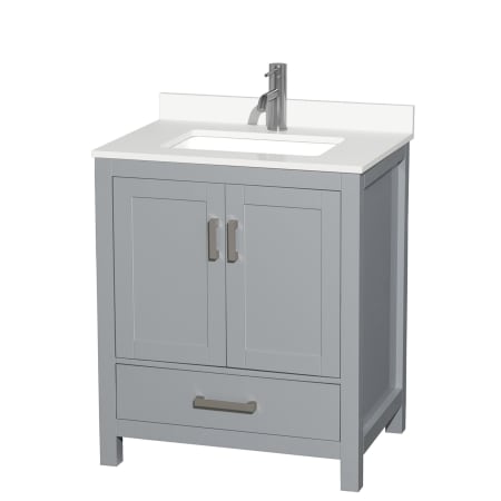 A large image of the Wyndham Collection WCS141430S-QTZ-UNSMXX Gray / White Quartz Top / Brushed Chrome Hardware