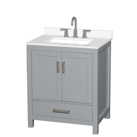 A large image of the Wyndham Collection WCS141430S-QTZ-US3MXX Gray / White Quartz Top / Brushed Chrome Hardware