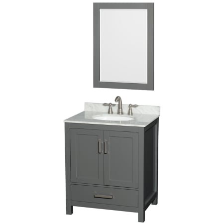 A large image of the Wyndham Collection WCS141430SUNOM24 Dark Gray / White Carrara Marble Top / Brushed Chrome Hardware