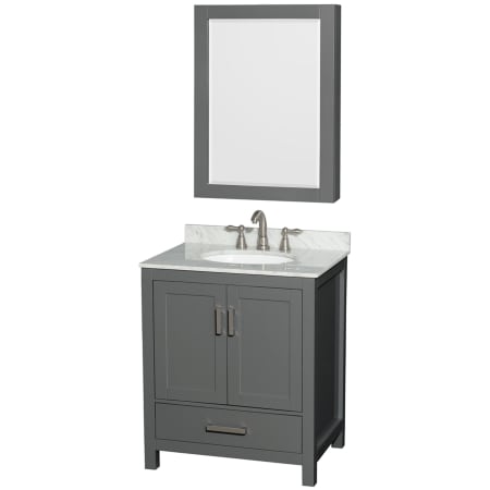 A large image of the Wyndham Collection WCS141430SUNOMED Dark Gray / White Carrara Marble Top / Brushed Chrome Hardware