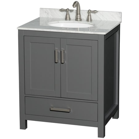 A large image of the Wyndham Collection WCS141430SUNOMXX Dark Gray / White Carrara Marble Top / Brushed Chrome Hardware