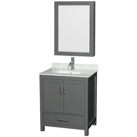 A large image of the Wyndham Collection WCS141430SUNSMED Dark Gray / White Carrara Marble Top / Brushed Chrome Hardware