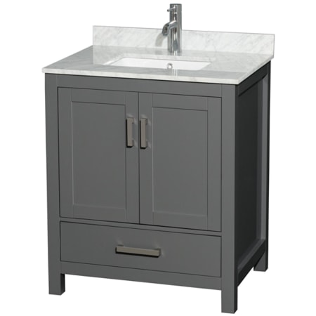 A large image of the Wyndham Collection WCS141430SUNSMXX Dark Gray / White Carrara Marble Top / Brushed Chrome Hardware
