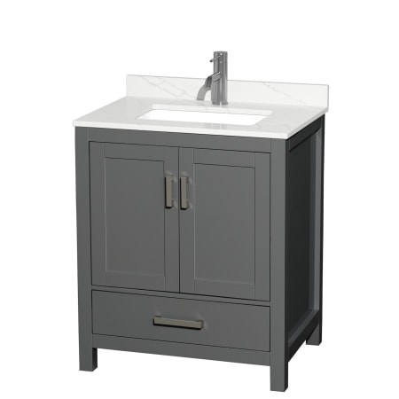 A large image of the Wyndham Collection WCS141430S-QTZ-UNSMXX Dark Gray / Giotto Quartz Top / Brushed Chrome Hardware