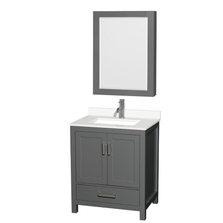 A large image of the Wyndham Collection WCS141430S-QTZ-UNSMED Dark Gray / White Quartz Top / Brushed Chrome Hardware