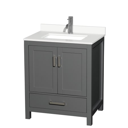 A large image of the Wyndham Collection WCS141430S-QTZ-UNSMXX Dark Gray / White Quartz Top / Brushed Chrome Hardware