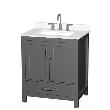 A large image of the Wyndham Collection WCS141430S-QTZ-US3MXX Dark Gray / White Quartz Top / Brushed Chrome Hardware