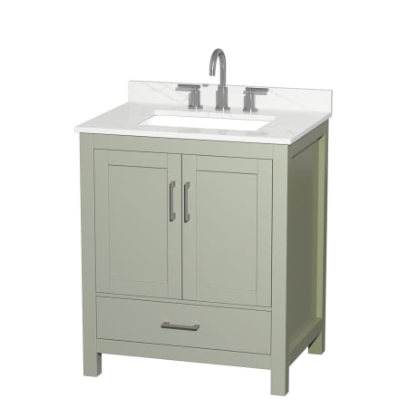 A large image of the Wyndham Collection WCS141430S-QTZ-US3MXX Light Green / Giotto Quartz Top / Brushed Nickel Hardware