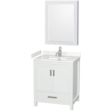 A large image of the Wyndham Collection WCS141430S-VCA-MED White / Carrara Cultured Marble Top / Brushed Chrome Hardware