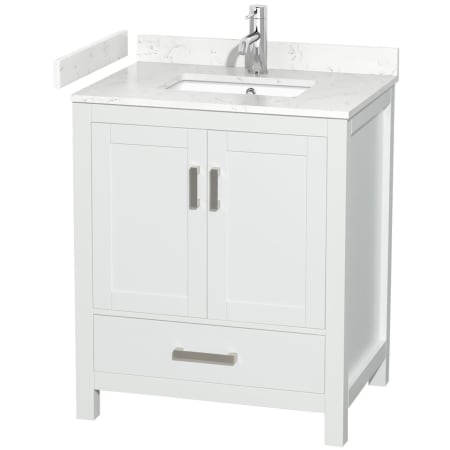 A large image of the Wyndham Collection WCS141430S-VCA-MXX White / Carrara Cultured Marble Top / Brushed Chrome Hardware