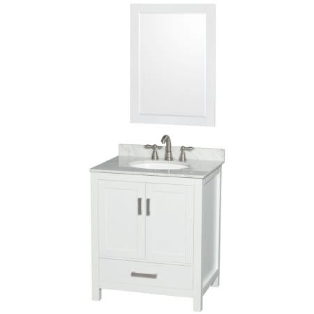 A large image of the Wyndham Collection WCS141430SUNOM24 White / White Carrara Marble Top / Brushed Chrome Hardware