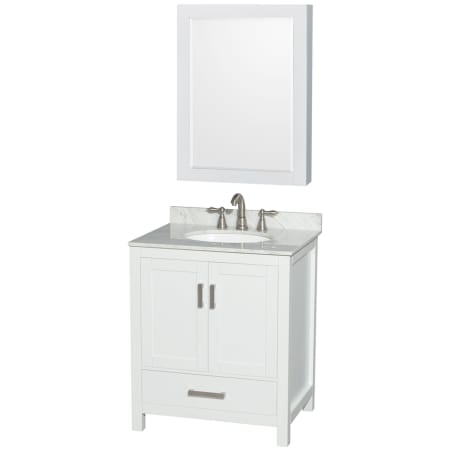 A large image of the Wyndham Collection WCS141430SUNOMED White / White Carrara Marble Top / Brushed Chrome Hardware