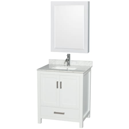 A large image of the Wyndham Collection WCS141430SUNSMED White / White Carrara Marble Top / Brushed Chrome Hardware