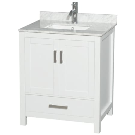 A large image of the Wyndham Collection WCS141430SUNSMXX White / White Carrara Marble Top / Brushed Chrome Hardware