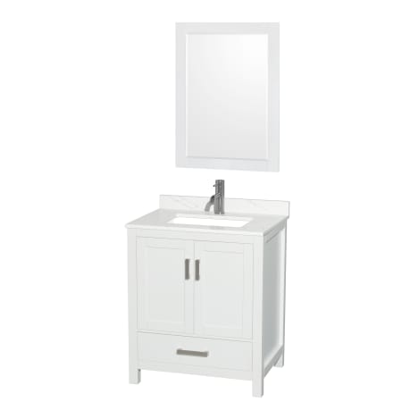 A large image of the Wyndham Collection WCS141430S-QTZ-UNSM24 White / Giotto Quartz Top / Brushed Chrome Hardware