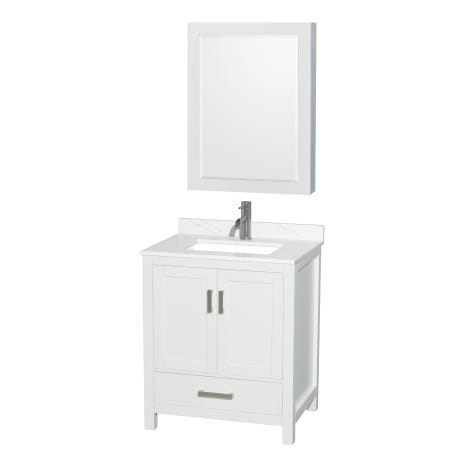 A large image of the Wyndham Collection WCS141430S-QTZ-UNSMED White / Giotto Quartz Top / Brushed Chrome Hardware