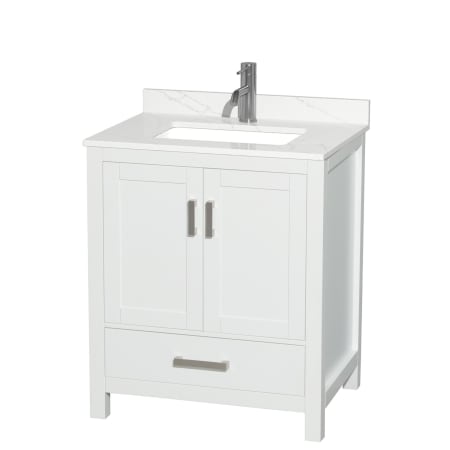 A large image of the Wyndham Collection WCS141430S-QTZ-UNSMXX White / Giotto Quartz Top / Brushed Chrome Hardware