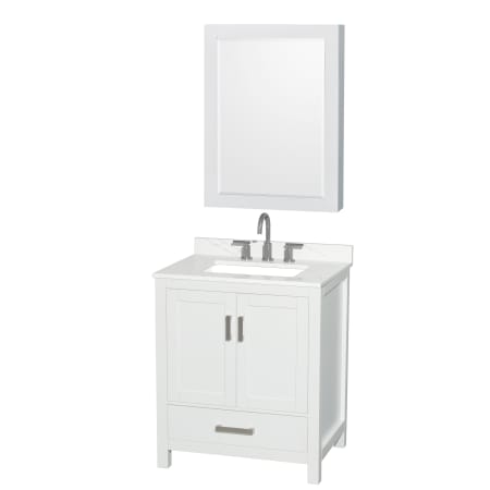 A large image of the Wyndham Collection WCS141430S-QTZ-US3MED White / Giotto Quartz Top / Brushed Chrome Hardware