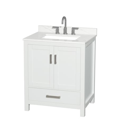 A large image of the Wyndham Collection WCS141430S-QTZ-US3MXX White / Giotto Quartz Top / Brushed Chrome Hardware