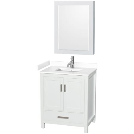 A large image of the Wyndham Collection WCS141430S-VCA-MED White / White Cultured Marble Top / Brushed Chrome Hardware