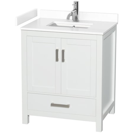 A large image of the Wyndham Collection WCS141430S-VCA-MXX White / White Cultured Marble Top / Brushed Chrome Hardware